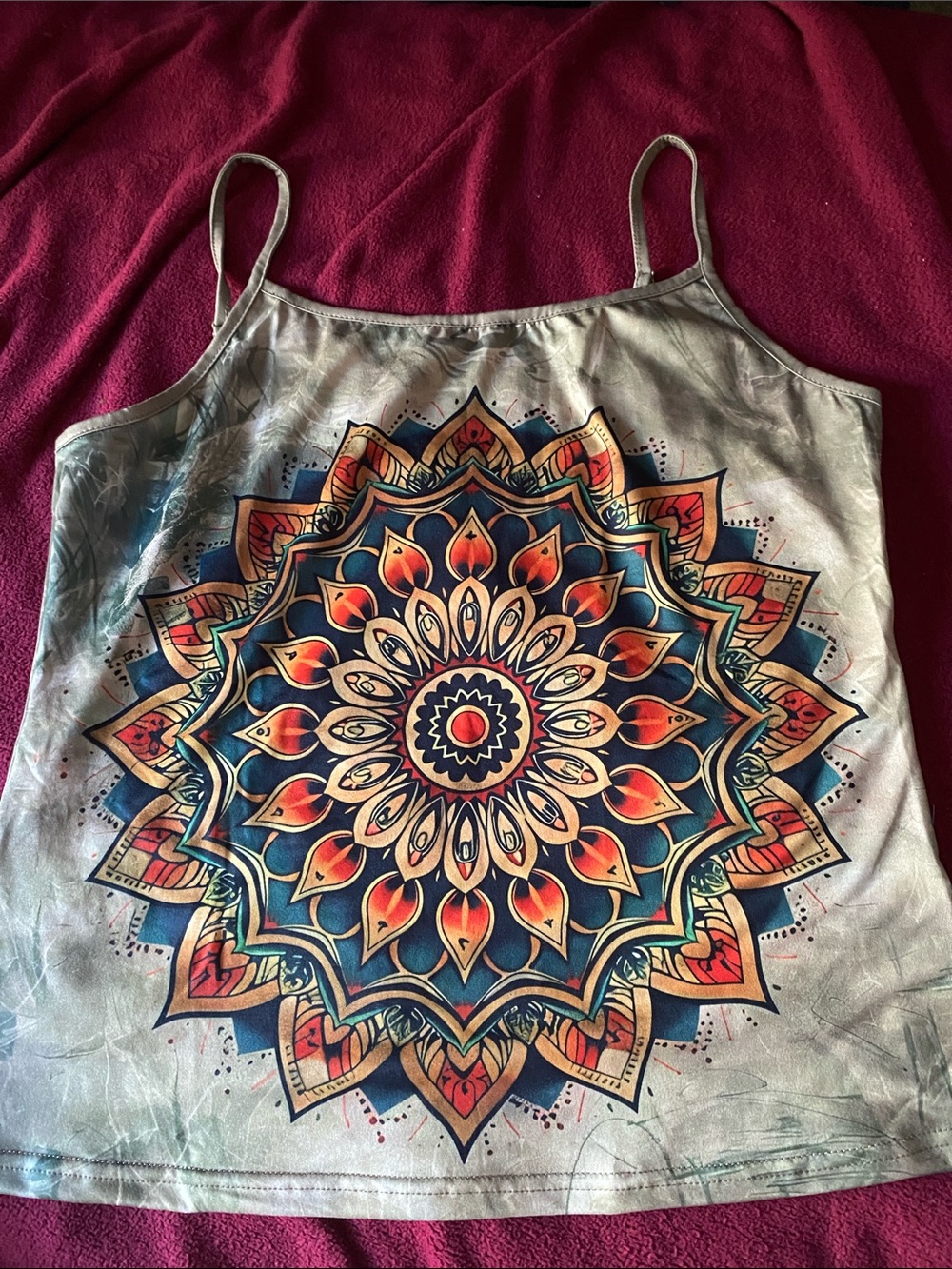 Women's Beige Tank Top with Multicolor Mandala Print